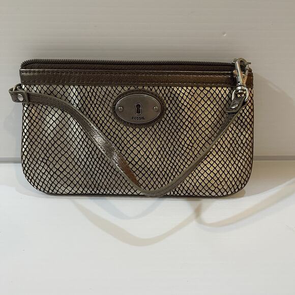 Fossil Wristlet Brown Metallic Faux Snake Cow Hide Leather Wallet Organizer - Picture 2 of 11